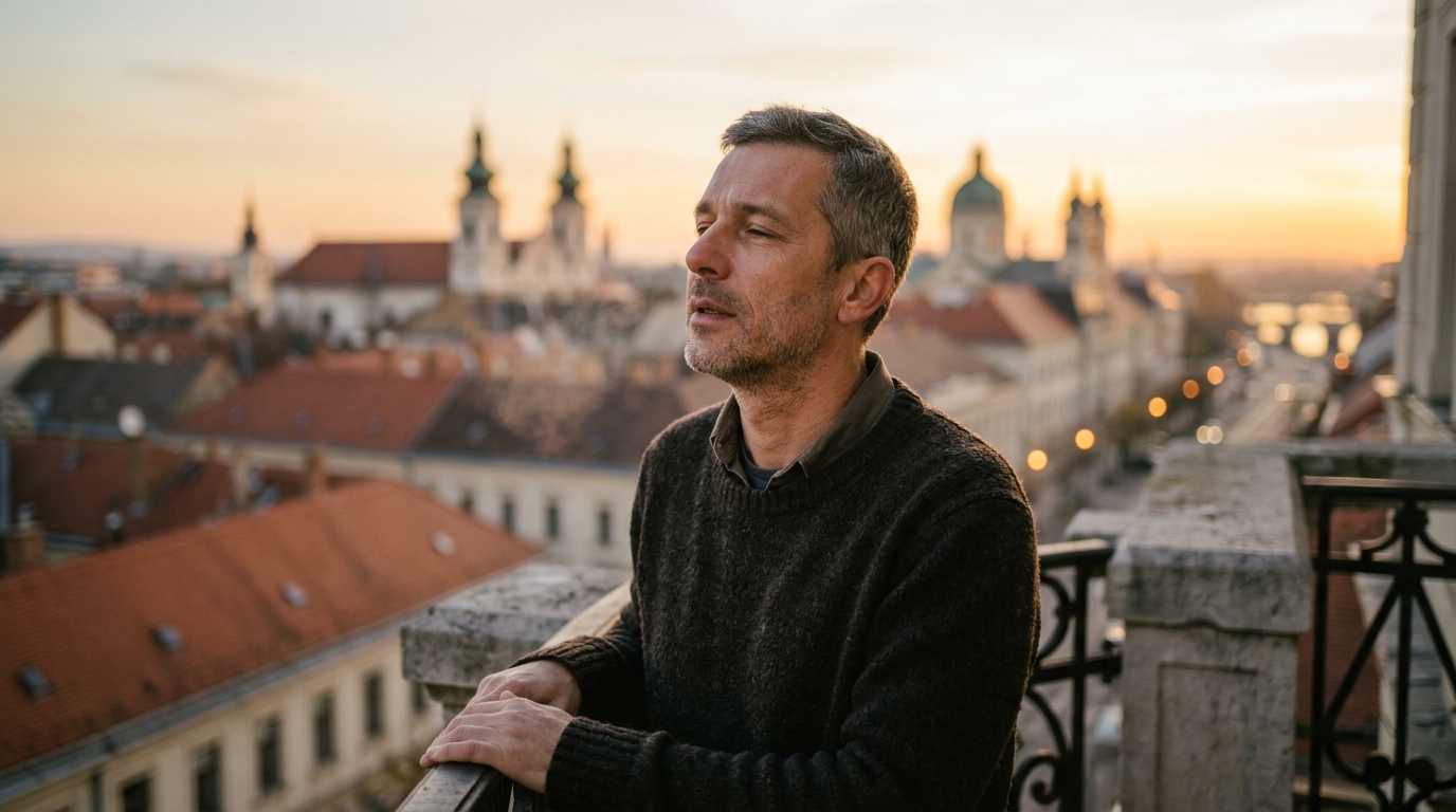 Középkorú férfi győri erkélyen hajnalban, mélyet lélegezve