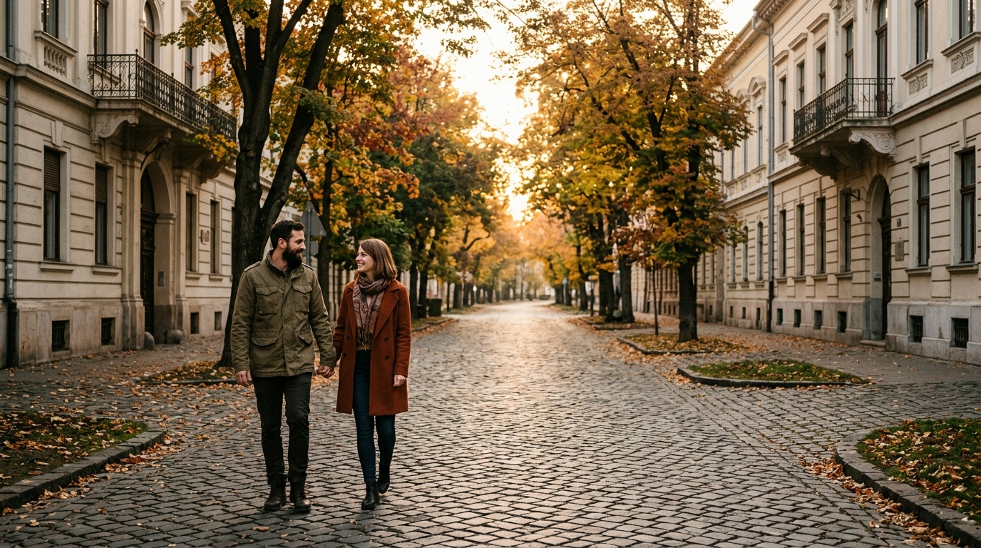 Magyar pár sétál egy fasoros utcán napkeltekor Győrben